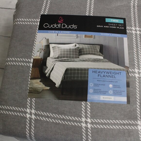 Cuddl Duds Heavyweight Flannel Sheet Set Twin Size 100% Cotton Gray Plaid - Picture 4 of 5